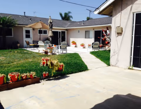 Sunny courtyard with a lawn, concrete patio, potted plants, and outdoor seating in front of single-story guest home units.