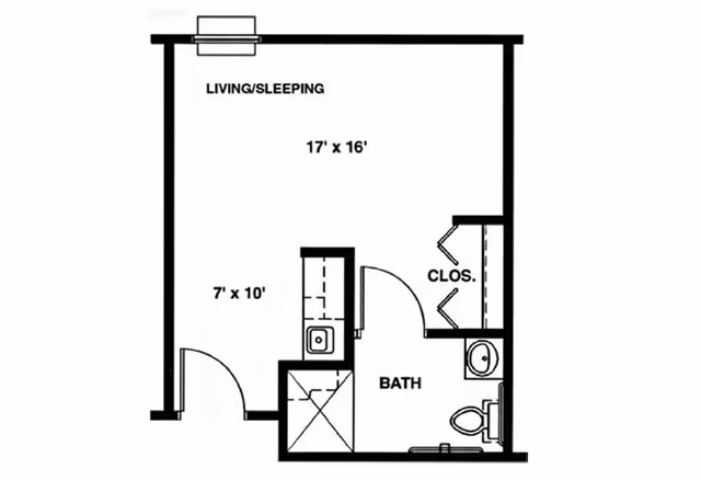 Black and white architectural floor plan of a small living space labeled Five Star Residences of Northwoods, showing a living/sleeping area measuring 17 by 16 feet, a kitchen area measuring 7 by 10 feet, a bathroom with a toilet and sink, and a closet.