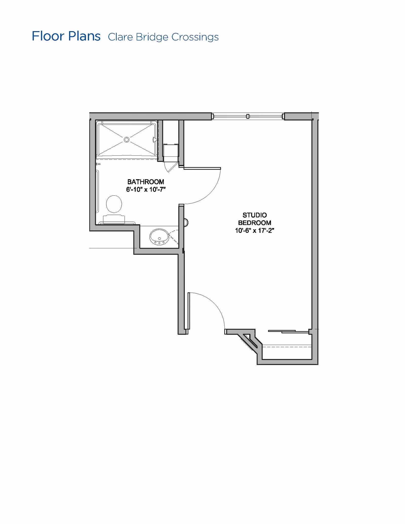 Floor plan layout showing a studio bedroom measuring 10 feet 6 inches by 17 feet 2 inches and an adjacent bathroom measuring 6 feet 10 inches by 10 feet 7 inches. The bathroom includes a shower, toilet, and sink.