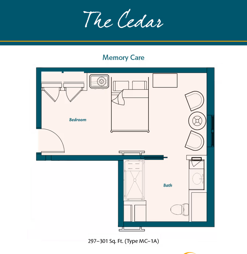 Floor plan layout of The Cedar memory care unit at HarborChase of Naperville, showing a bedroom with a bed, two chairs, a small table, and a closet, connected to a bathroom with a shower, toilet, and sink.