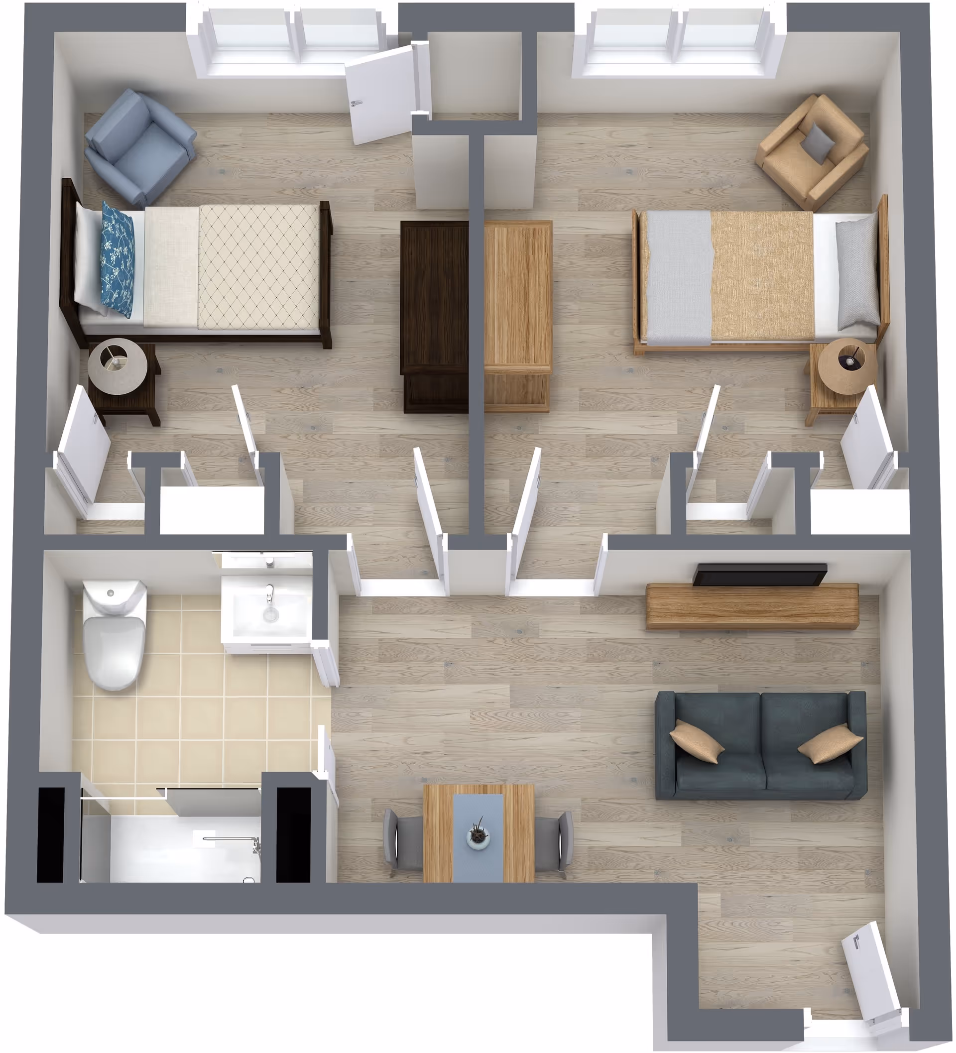 3D floor plan of a senior living apartment featuring two bedrooms each with a bed, armchair, nightstand, and closet. The apartment includes a bathroom with a toilet, sink, and shower, and a combined living and dining area with a sofa, TV stand, dining table, and two chairs. Light wood flooring is throughout the living spaces, and tile flooring is in the bathroom.