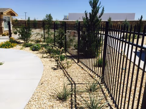 Outdoor area with a black metal fence running alongside a curved concrete pathway. There are small plants and shrubs planted in gravel beds next to the fence. In the background, there is a small wooden structure and some trees under a clear blue sky.
