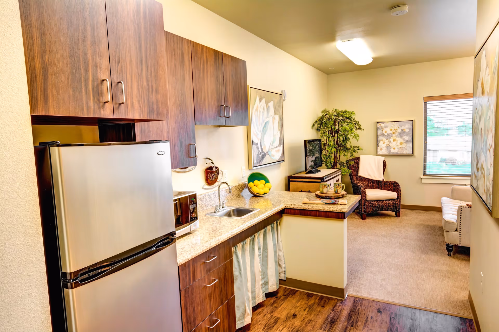 Interior view of a senior living facility unit showing a small kitchen area with wooden cabinets, a stainless steel refrigerator, a microwave, and a sink. The kitchen counter extends into a small living area with a wicker chair, a small TV on a wooden stand, a potted plant, and a window with blinds. The walls are decorated with floral artwork.