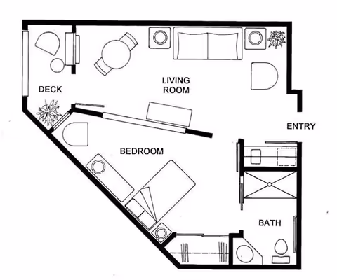 Black and white architectural floor plan of a senior living unit at Tiffany Court of Walnut Creek, showing a bedroom with a bed and chair, a living room with a sofa and table, a bathroom with a toilet and sink, an entry area, and a deck with outdoor seating.