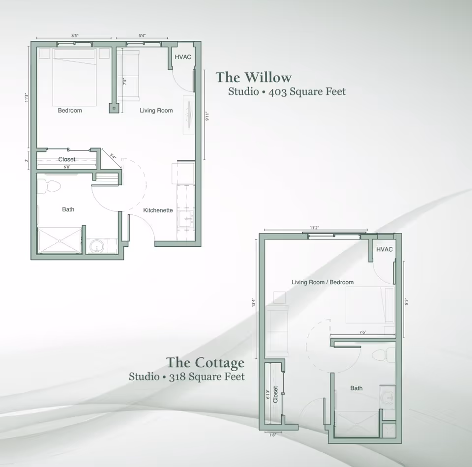 Architectural floor plans for two studio apartments named The Willow and The Cottage. The Willow is 403 square feet with separate bedroom, living room, kitchenette, bath, closet, and HVAC. The Cottage is 318 square feet with combined living room/bedroom, bath, closet, and HVAC.