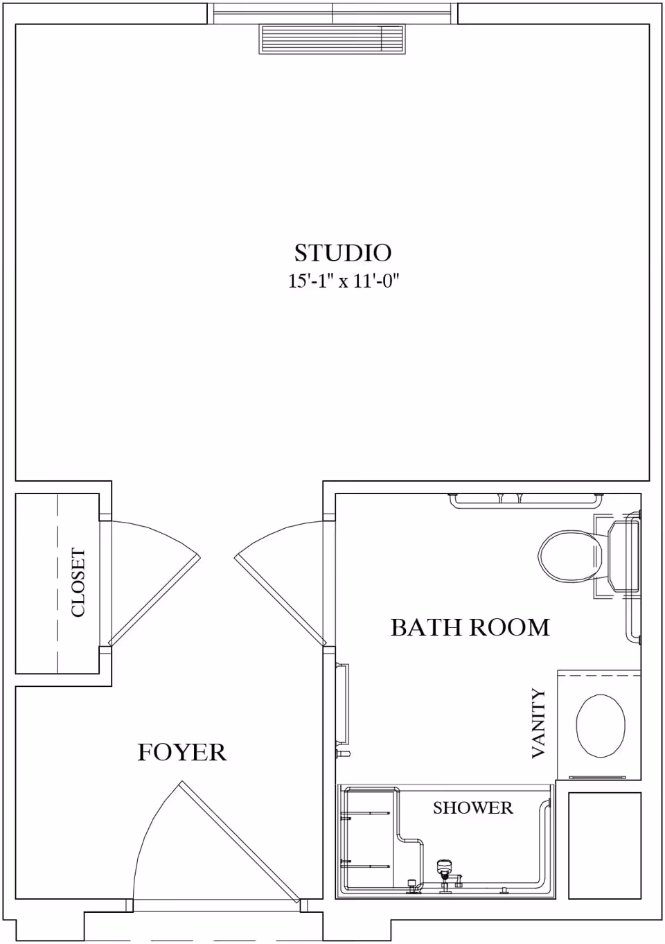 Architectural floor plan of a studio apartment at Isle at Cedar Ridge, showing a studio room measuring 15 feet 1 inch by 11 feet, a foyer with a closet, and a bathroom with a shower, vanity, and toilet.