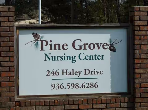 Exterior brick sign for Pine Grove Nursing Center with address and phone number.