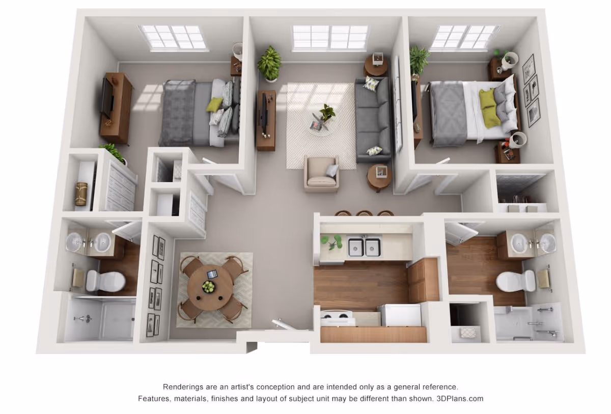3D floor plan of a two-bedroom apartment featuring a living room with a sofa, armchair, coffee table, and TV, a kitchen with a sink, stove, and refrigerator, a dining area with a round table and four chairs, two bedrooms each with a bed, nightstands, and windows, and two bathrooms with sinks, toilets, and showers.