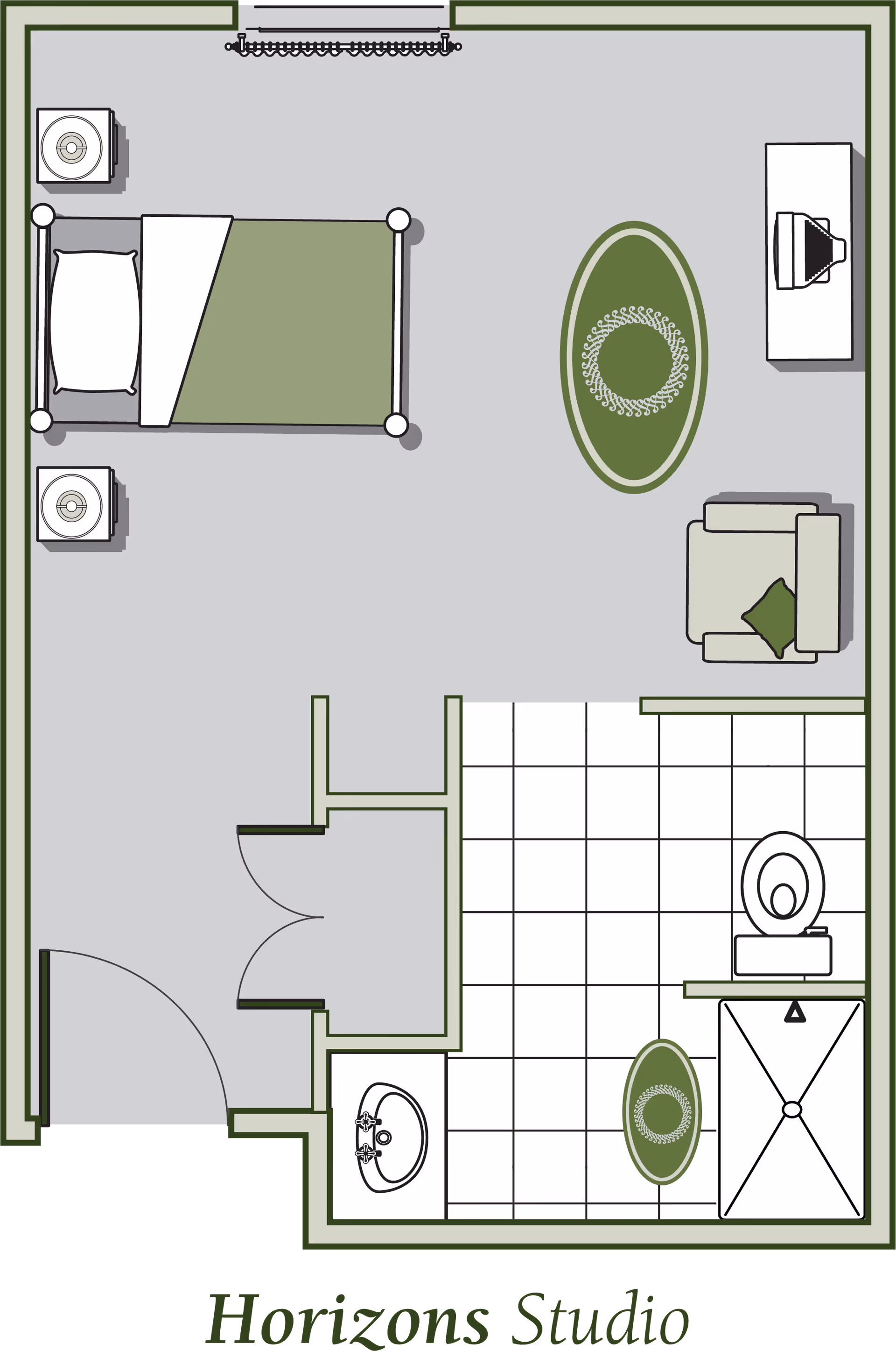 Top-down floor plan of a studio apartment showing a bed with nightstands, seating area with TV, rugs, and a tiled bathroom with sink, toilet and shower labeled "Horizons Studio".