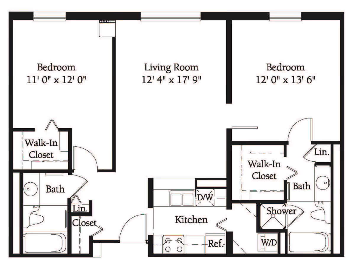 Floor plan of a two-bedroom apartment at Lincolnwood Place showing dimensions and layout including two bedrooms each with walk-in closets, two bathrooms, a living room, a kitchen with dishwasher and refrigerator, linen closets, and a washer/dryer area.