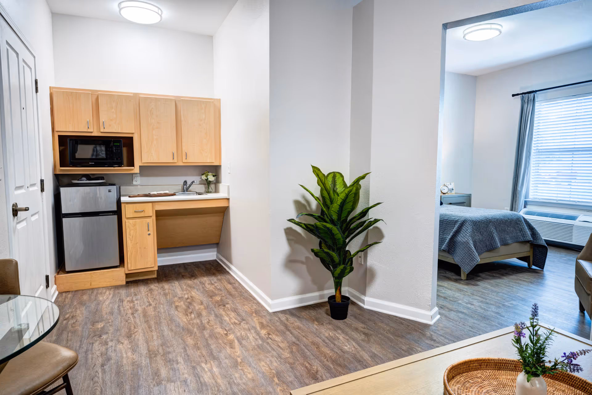 Interior view of a senior living facility apartment showing a small kitchenette with light wood cabinets, a microwave, and a mini refrigerator. Adjacent to the kitchenette is a potted green plant placed against a white wall. In the background, there is a bedroom with a bed covered in a gray quilt, a window with blinds and gray curtains, and an air conditioning unit beneath the window. The flooring is wood-style laminate throughout.