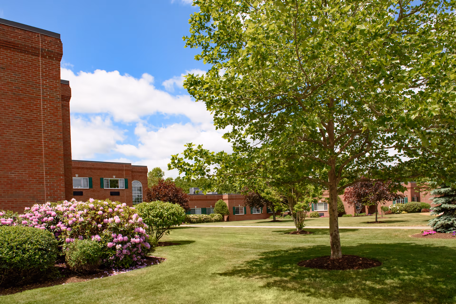 Landscaped grassy courtyard with trees, flowering shrubs, and red brick buildings under a blue sky.