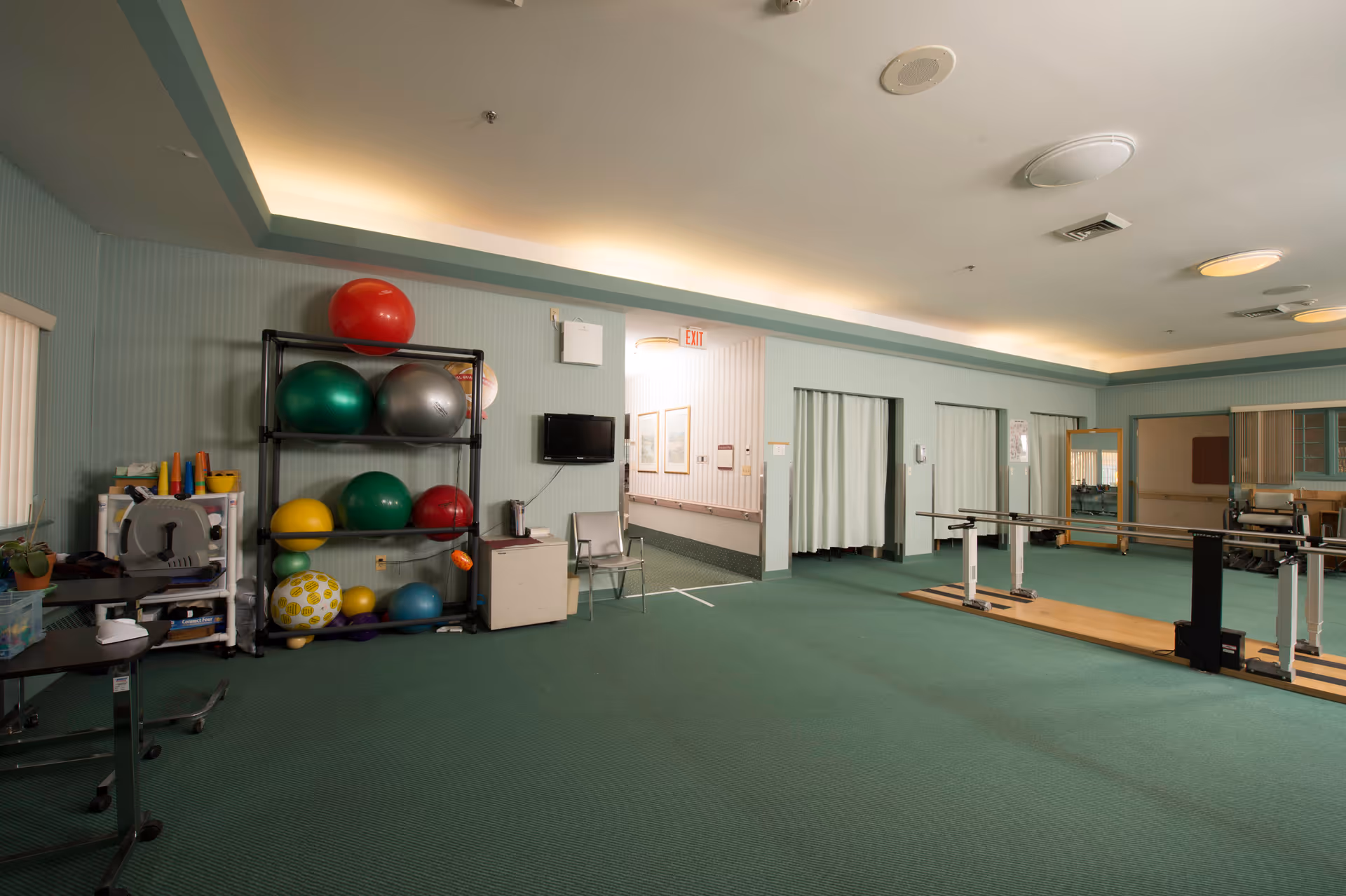 A spacious exercise room with green carpet and light green walls. There is a black metal rack holding various colorful exercise balls on the left side, a small TV mounted on the wall, and exercise equipment including parallel bars on the right. The ceiling has recessed lighting and there are large mirrors on the far wall.