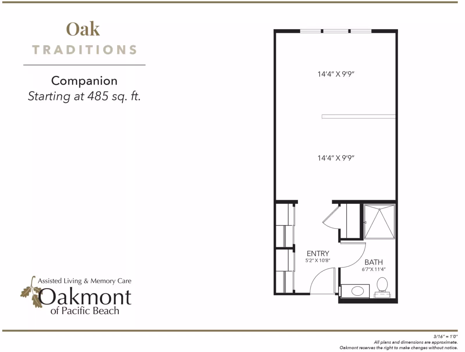 Floor plan layout for a companion unit at Oakmont of Pacific Beach, starting at 485 square feet. The plan includes an entry area measuring 5 feet 2 inches by 10 feet 8 inches, a bathroom measuring 6 feet 7 inches by 11 feet 4 inches, and two main rooms each measuring 14 feet 4 inches by 9 feet 9 inches.