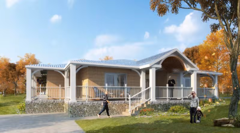 Front exterior of a single-story assisted living home with a wraparound porch, stone foundation, and people on the lawn.