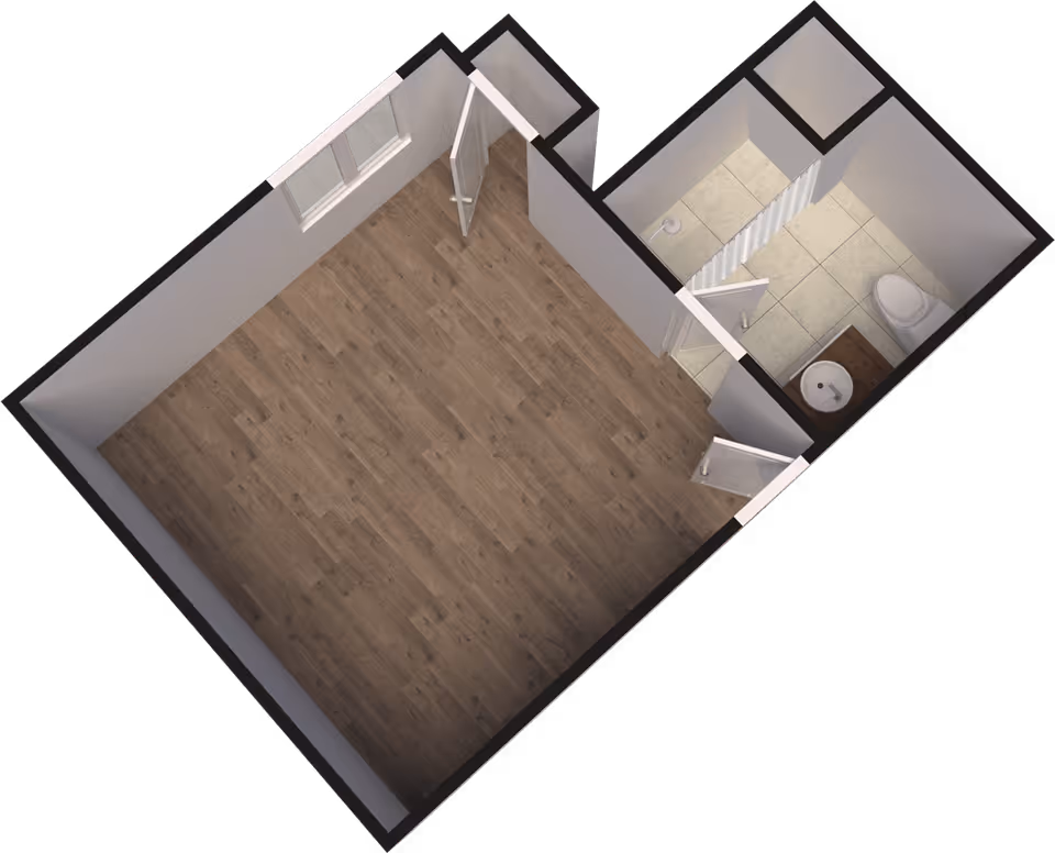 3D floor plan of a small apartment unit showing a main room with wood flooring and a bathroom with tiled floor, shower, toilet, and sink.
