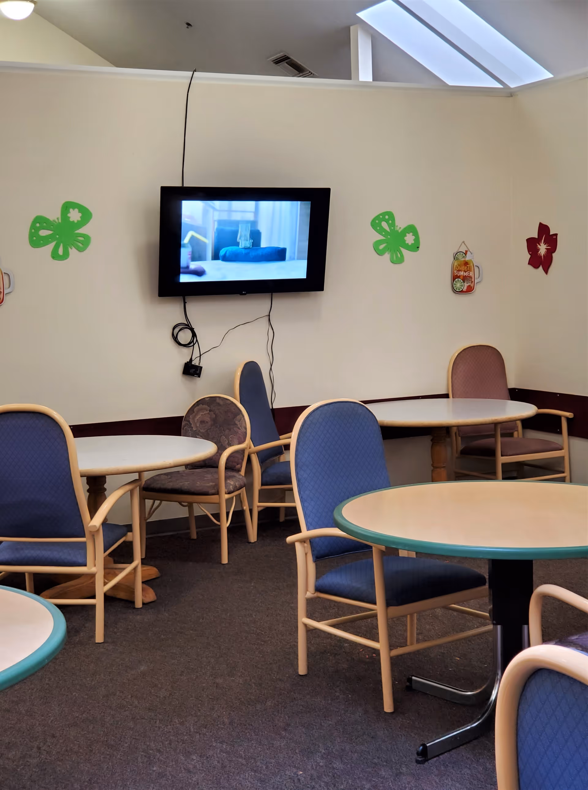 A small common area with several round tables and cushioned chairs arranged around them. A flat-screen TV is mounted on the wall with visible cables hanging down. The walls are decorated with colorful flower and butterfly cutouts. The room has a carpeted floor and a skylight providing natural light.