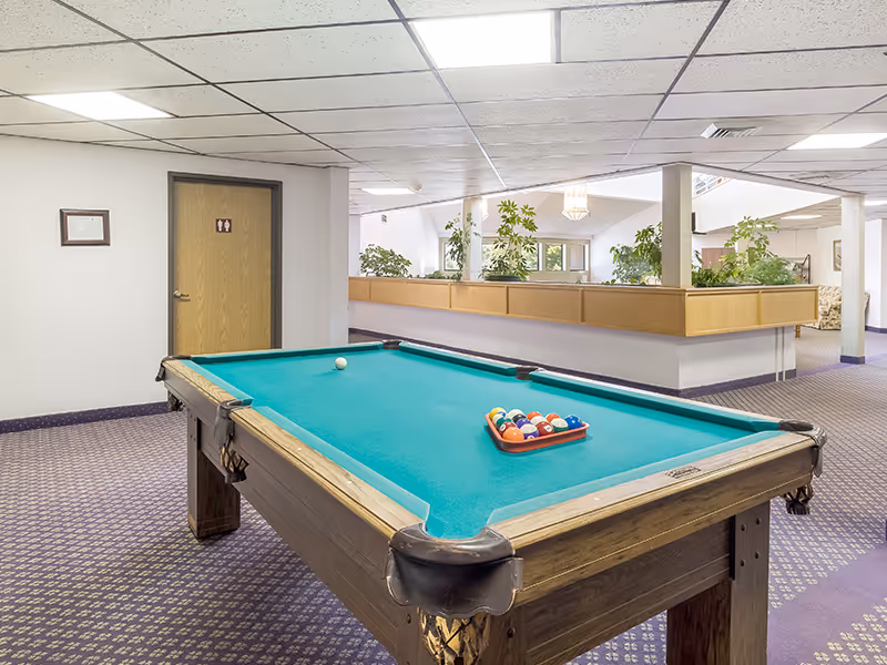 A pool table in a carpeted common area of the Solista Grants Pass facility with plants and seating visible in the background.