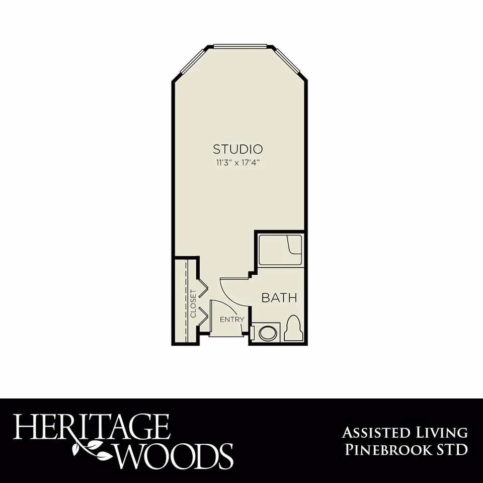 Floor plan of a studio apartment showing the studio area, closet, entry and bathroom.