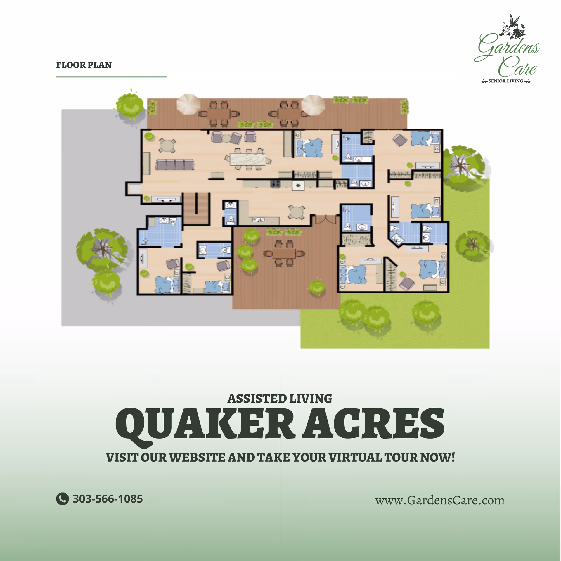 Illustrated floor plan of the Quaker Acres assisted living facility showing rooms, communal areas, outdoor decking, and Gardens Care branding.