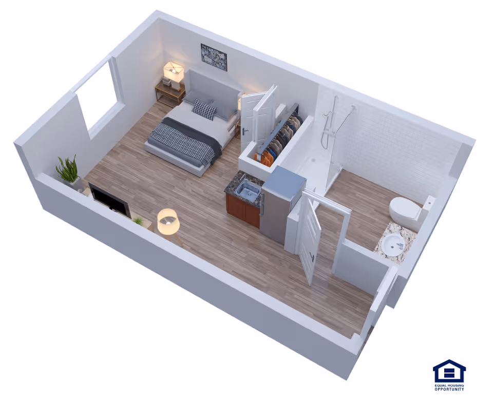 3D floor plan of a small studio apartment featuring a bed with pillows and a blanket, a nightstand with a lamp, a closet with hanging clothes, a kitchenette with a sink and refrigerator, and a bathroom with a shower, toilet, and sink. The flooring is wood-style, and there is a window on one wall.