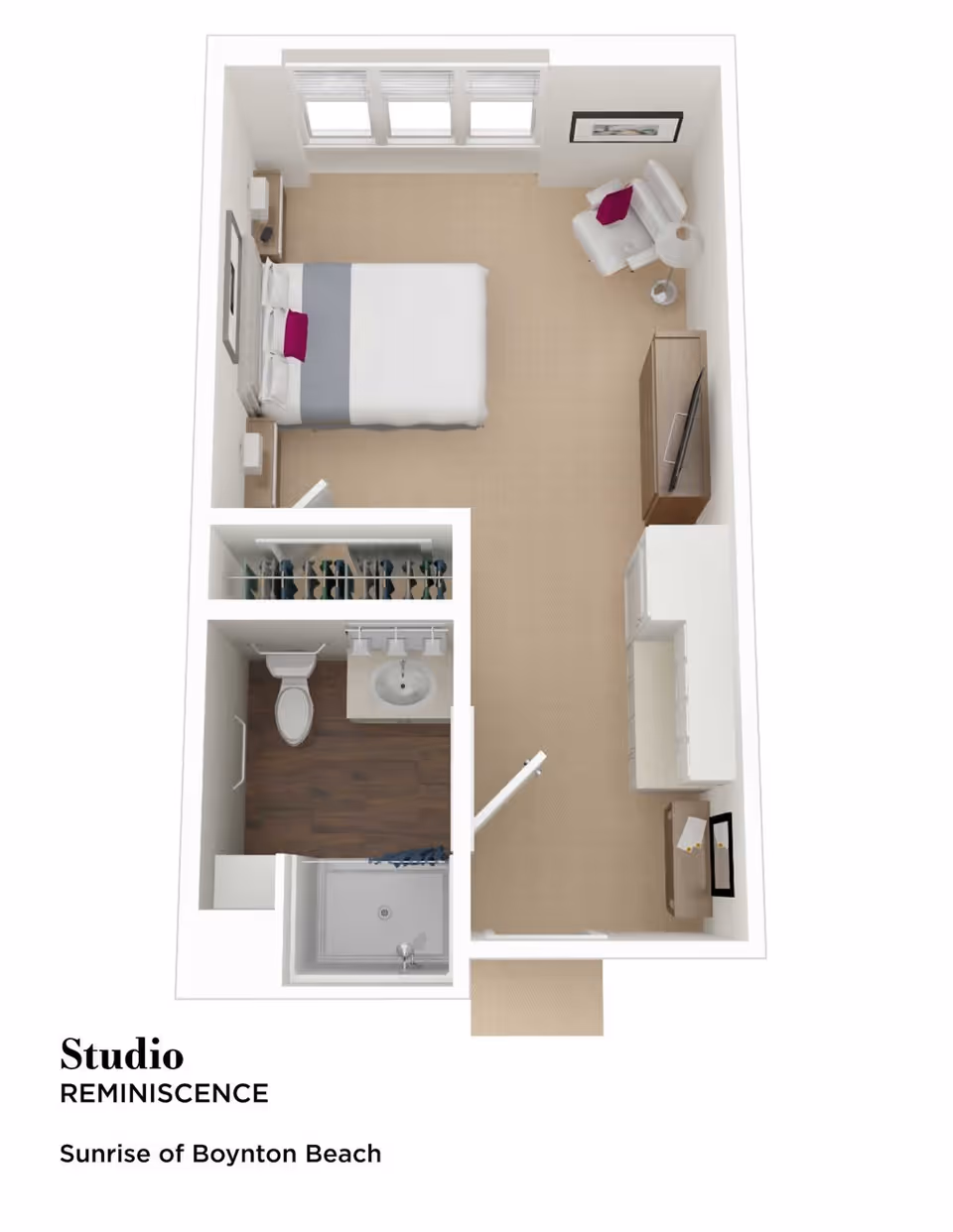 3D floor plan of a studio apartment named Reminiscence at Sunrise of Boynton Beach, showing a combined living and sleeping area with a bed, armchair, TV, and kitchenette. There is a separate bathroom with a shower, toilet, and sink, and a closet space adjacent to the bathroom.