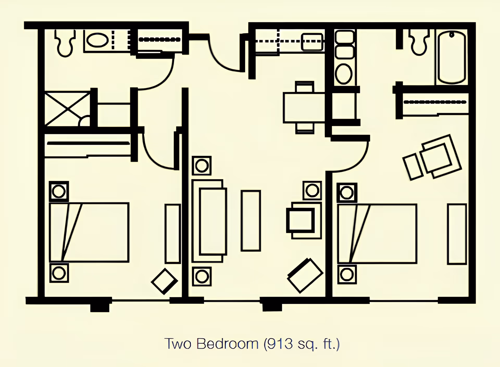 Black-and-white floor plan illustration of a two-bedroom apartment labeled "Two Bedroom (913 sq. ft.)" showing rooms, furniture, and fixtures.