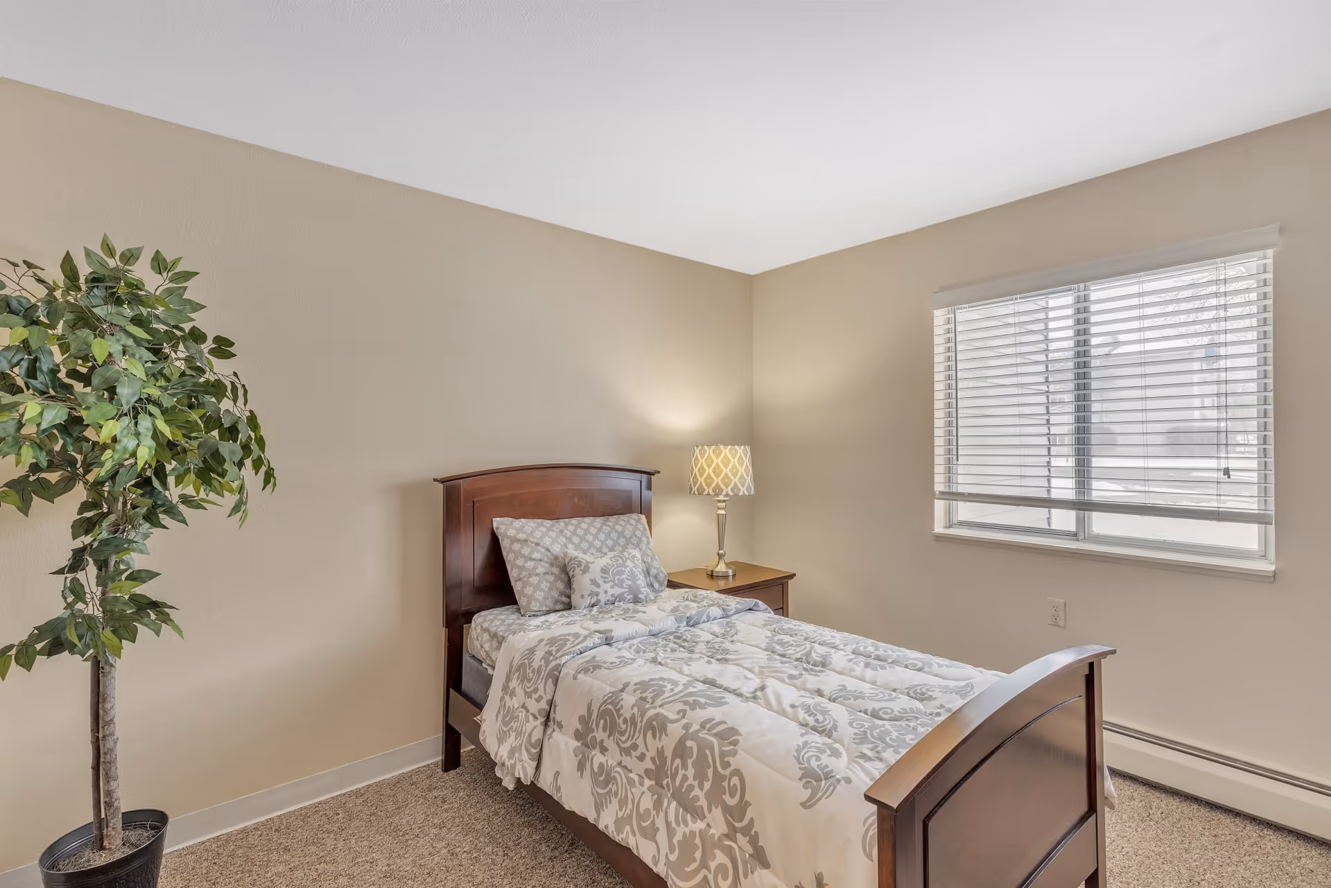 Simple furnished bedroom with a single wooden bed, nightstand and lamp, potted plant, and a window with blinds.