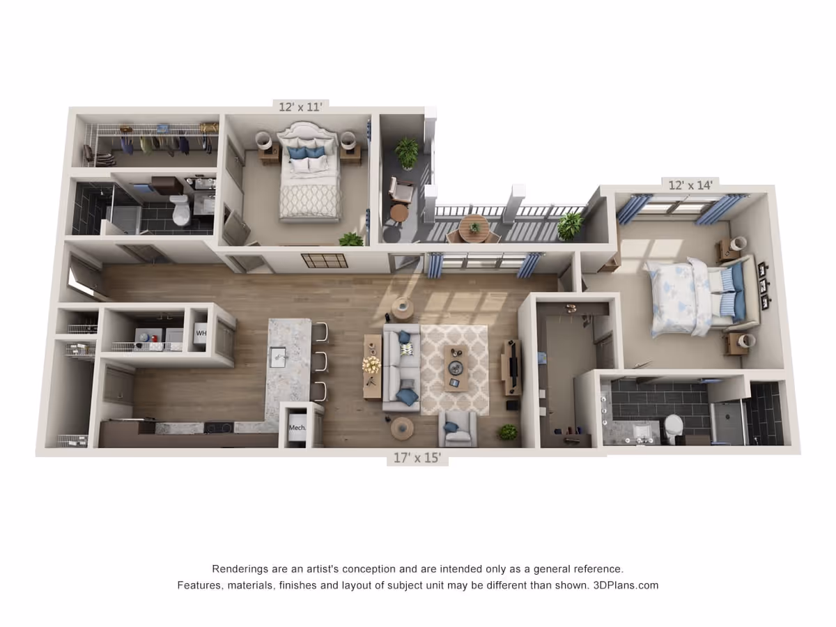 3D floor plan of a two-bedroom apartment featuring a living room with sofa and armchair, an open kitchen with island and three bar stools, two bedrooms with beds and nightstands, two bathrooms with showers, a balcony with outdoor seating, and closets.