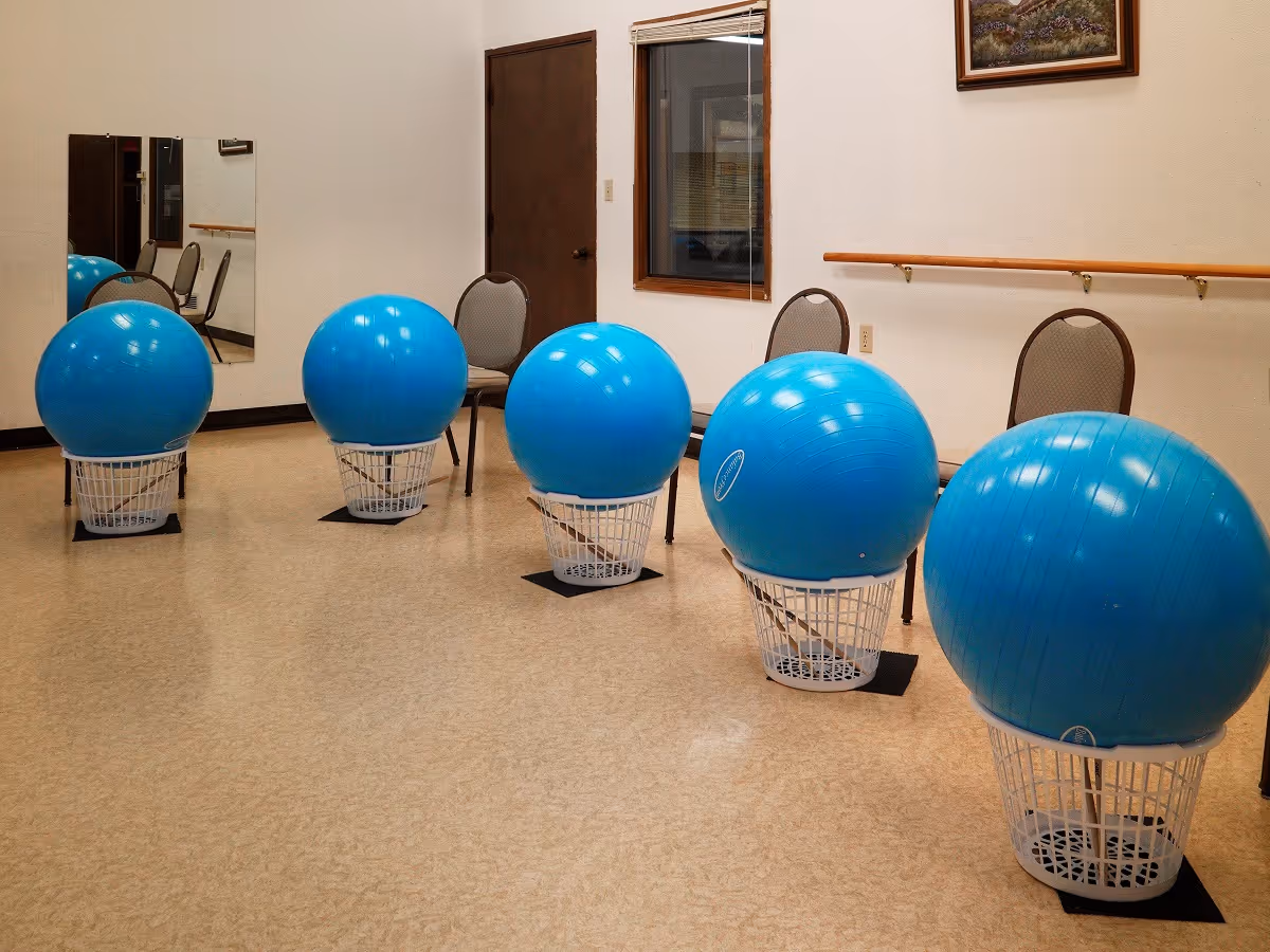 A room with five large blue exercise balls placed on white laundry baskets, each positioned in front of a chair. The room has a beige floor, white walls, a wooden door, a window with blinds, a wall-mounted handrail, a mirror, and a framed picture on the wall.