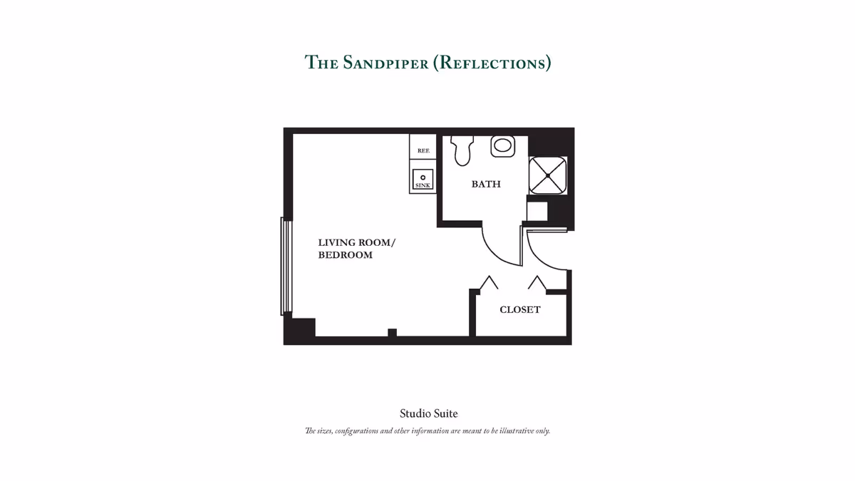 Floor plan of The Sandpiper (Reflections) studio suite at Brandywine Mountain Ridge by Monarch, showing a combined living room and bedroom area, a bathroom with a toilet, sink, and shower, a closet, and a small kitchenette area with a refrigerator and sink.