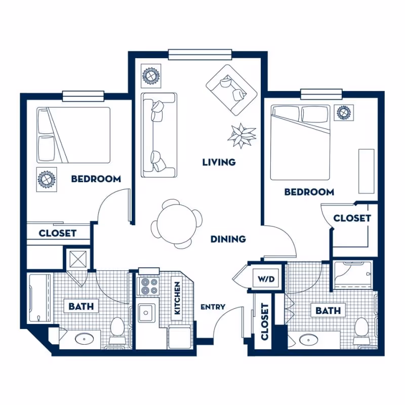 Floor plan of a two-bedroom apartment featuring two bedrooms each with a closet, two bathrooms, a kitchen, a combined living and dining area, an entryway, and a washer/dryer closet.