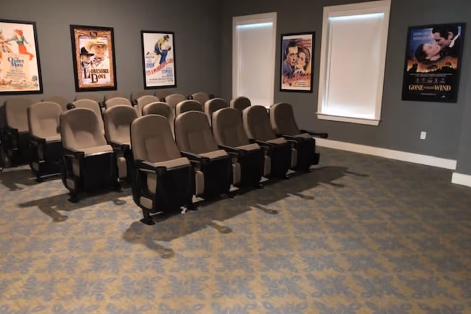 Small screening room with two rows of theater-style seats, patterned carpet, and vintage movie posters on gray walls.