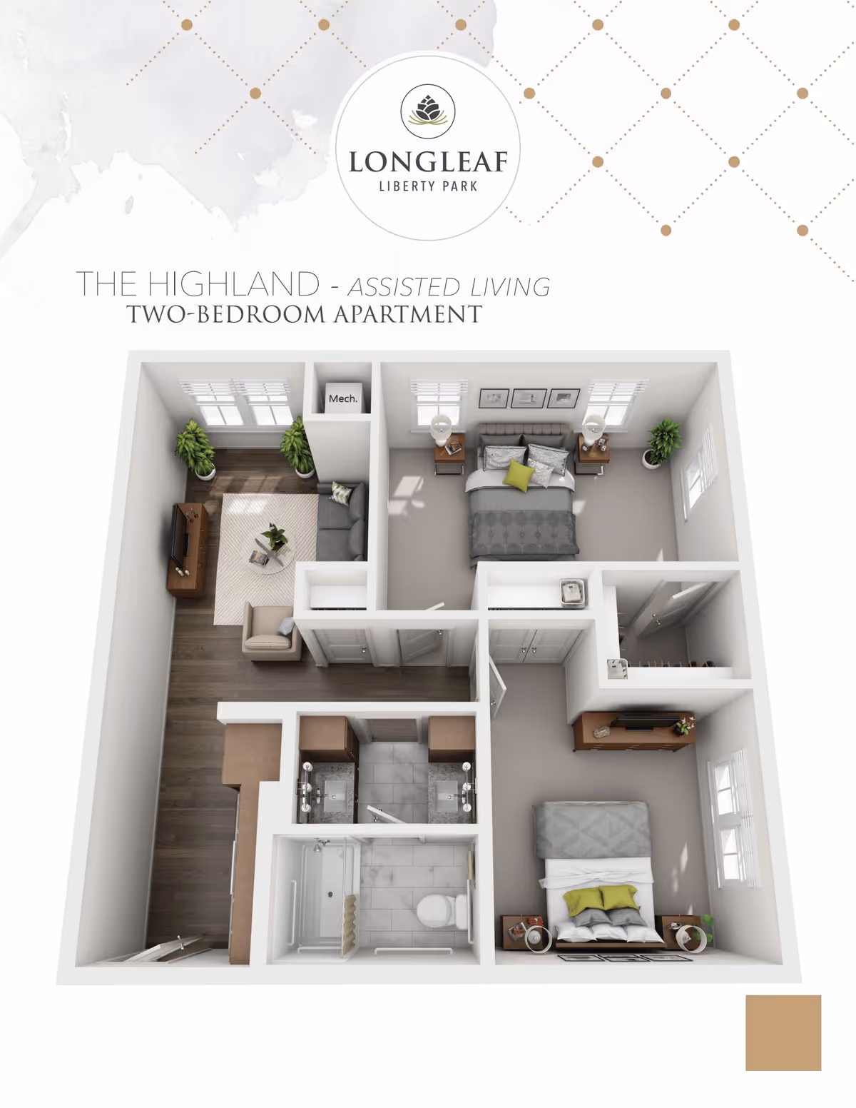 3D floor plan of The Highland two-bedroom assisted living apartment at Longleaf Liberty Park, showing two bedrooms, a living room, kitchen area, and a bathroom with double sinks and a shower.