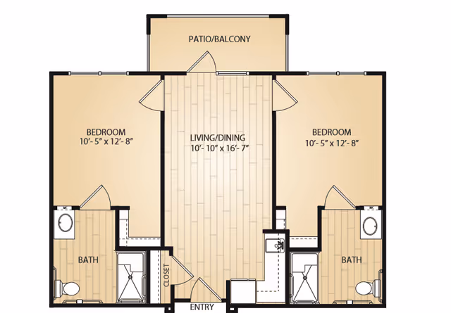 Floor plan of a two-bedroom apartment with two bathrooms, a central living and dining area, an entryway, and a patio/balcony. Each bedroom measures 10 feet 5 inches by 12 feet 8 inches and has an attached bathroom. The living/dining area measures 10 feet 10 inches by 16 feet 7 inches.