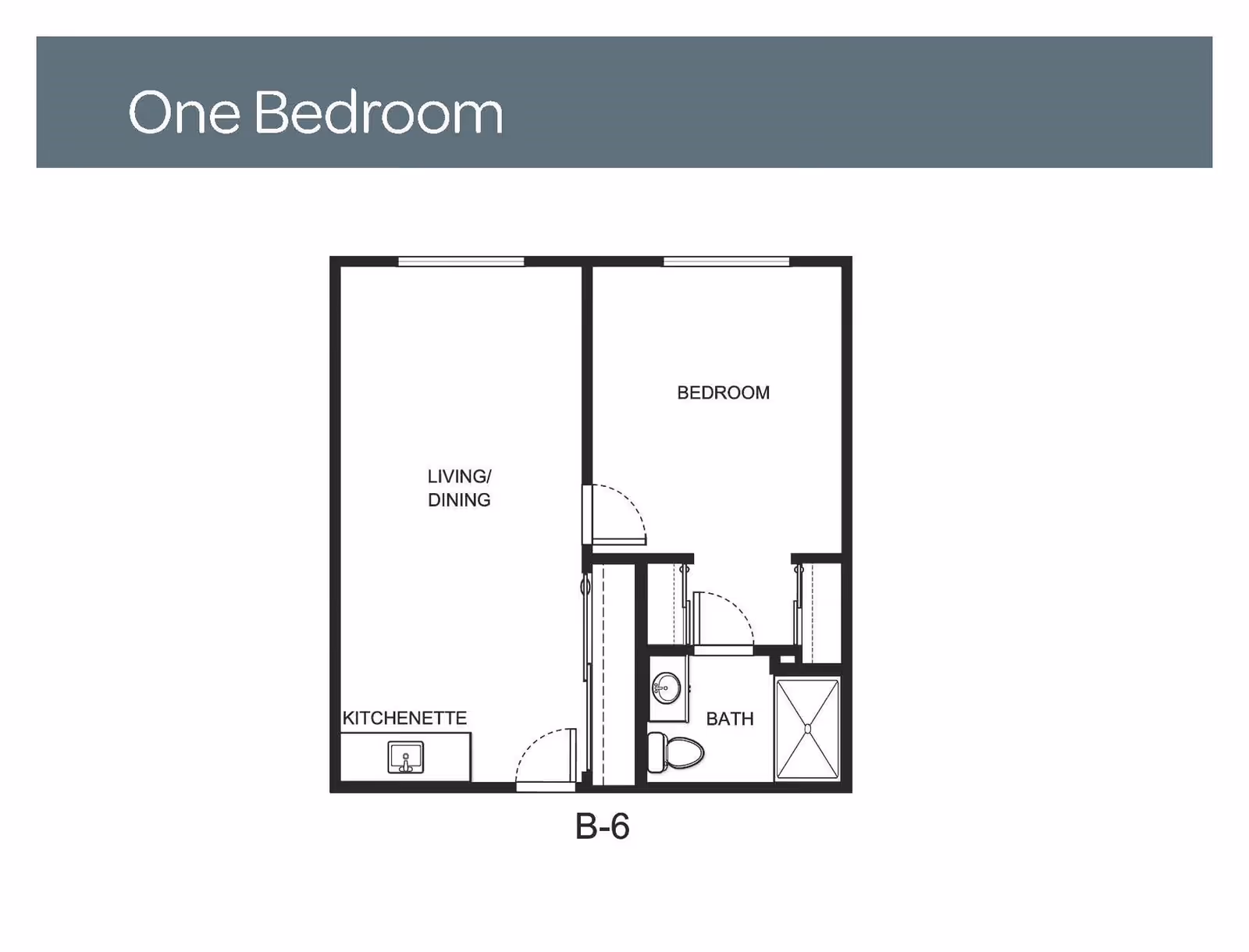Floor plan layout of a one-bedroom unit labeled B-6, showing a living/dining area with a kitchenette, a separate bedroom, and a bathroom with a toilet and shower.