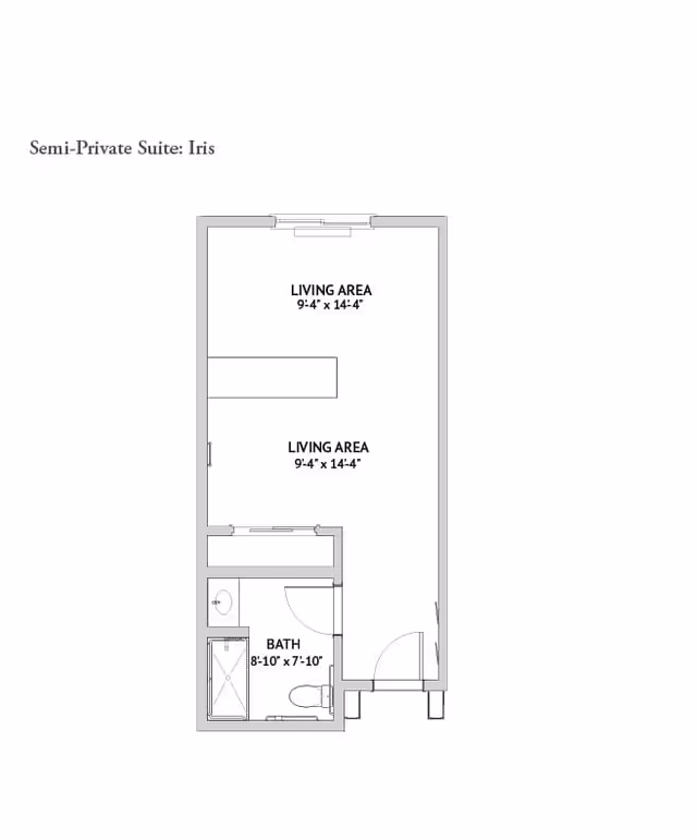 Black-and-white floor plan titled "Semi-Private Suite: Iris" showing two labeled living areas and a bathroom with dimensions.