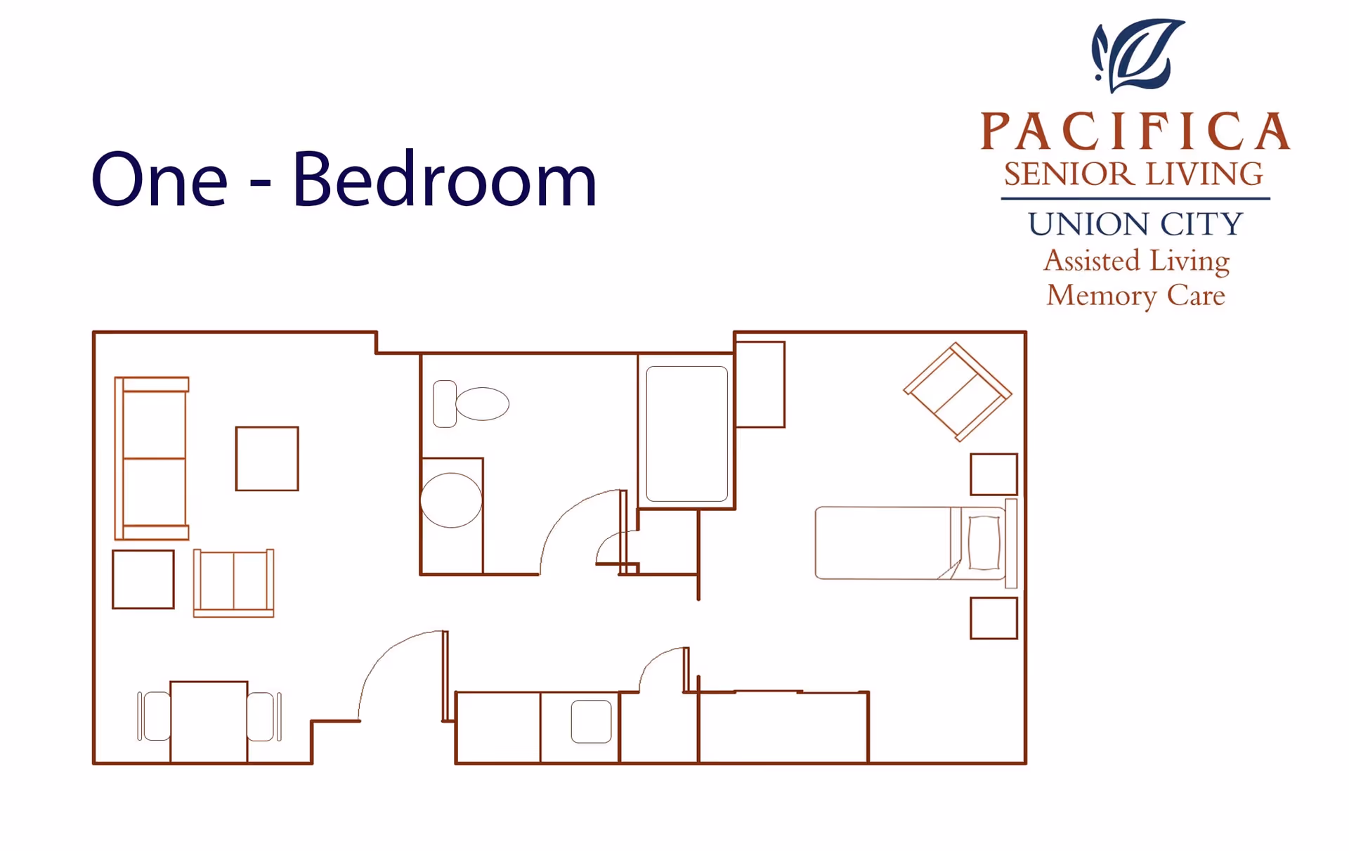 Floor plan layout of a one-bedroom senior living apartment showing a living area with sofa and chairs, a bathroom with toilet and sink, a bedroom with a bed and chair, and a kitchen area. The image includes the logo and name of Pacifica Senior Living Union City with Assisted Living and Memory Care services.