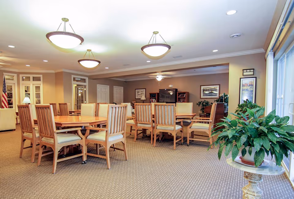 Bright senior living common dining area with wooden tables and chairs, potted plants, and a television in the background.
