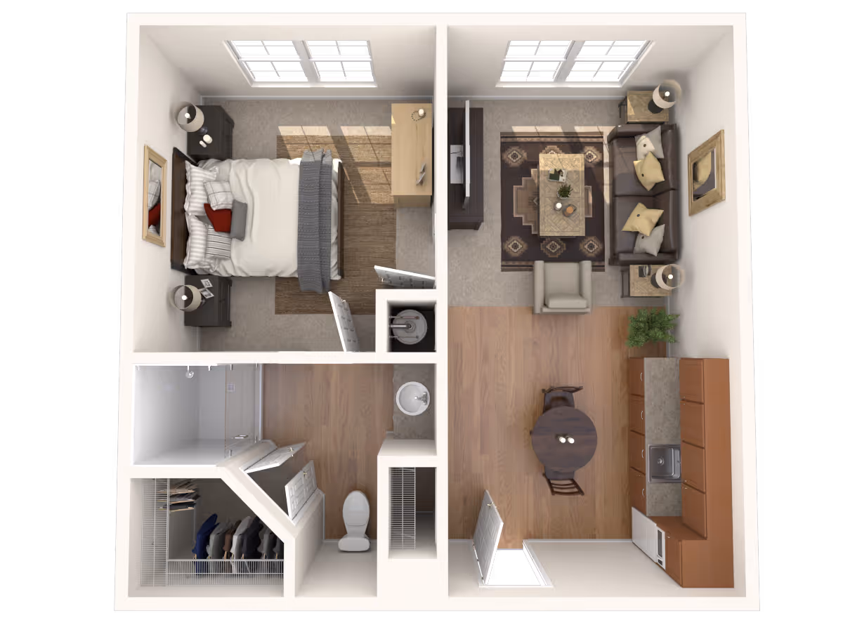Top-down view of a one-bedroom apartment layout featuring a bedroom with a bed, nightstands, and dresser; a living room with a sofa, armchair, coffee table, and TV; a kitchen with cabinets, sink, and dining table with chairs; a bathroom with a toilet and shower; and a walk-in closet with hanging clothes.