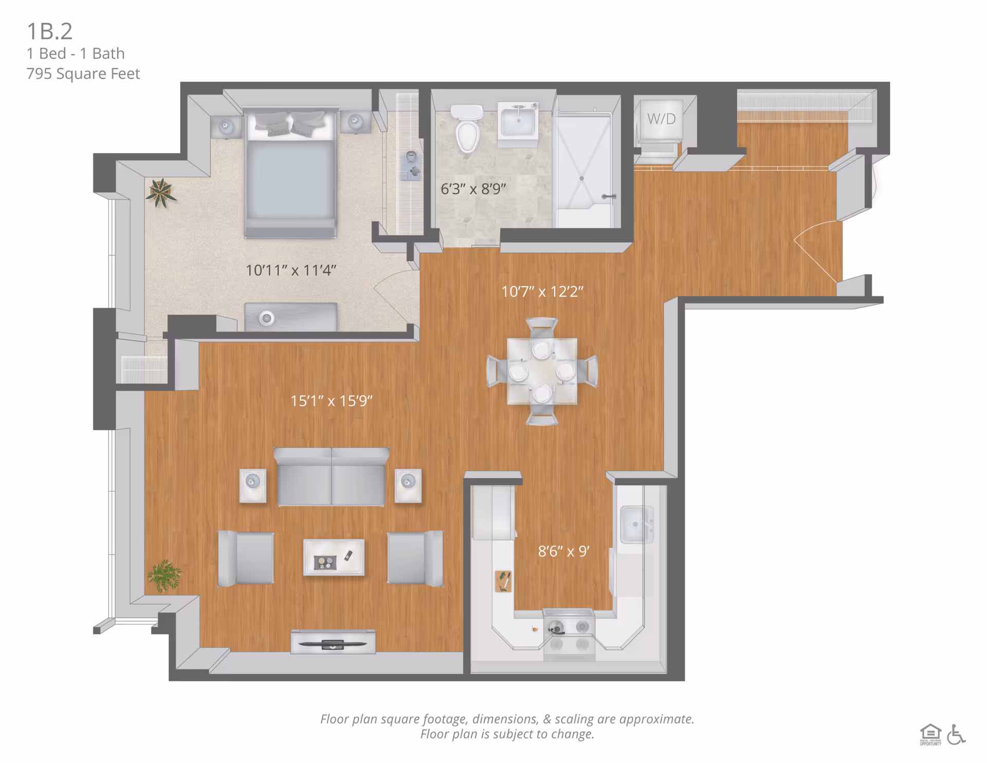 Floor plan of a 1 bedroom, 1 bathroom apartment with 795 square feet. The layout includes a bedroom measuring 10'11" x 11'4", a bathroom measuring 6'3" x 8'9", a living room measuring 15'1" x 15'9", a dining area measuring 10'7" x 12'2", and a kitchen measuring 8'6" x 9'. The plan also shows a washer/dryer area and entryway. Furniture such as a bed, sofa, chairs, dining table, and kitchen appliances are illustrated.