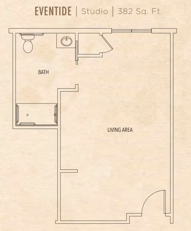 Floor plan of a studio apartment named EVENTIDE with a total area of 382 square feet, showing a living area and a separate bath with a toilet, sink, and shower.