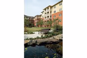 Courtyard with a pond, benches, landscaping and a multi-story senior living building in the background.