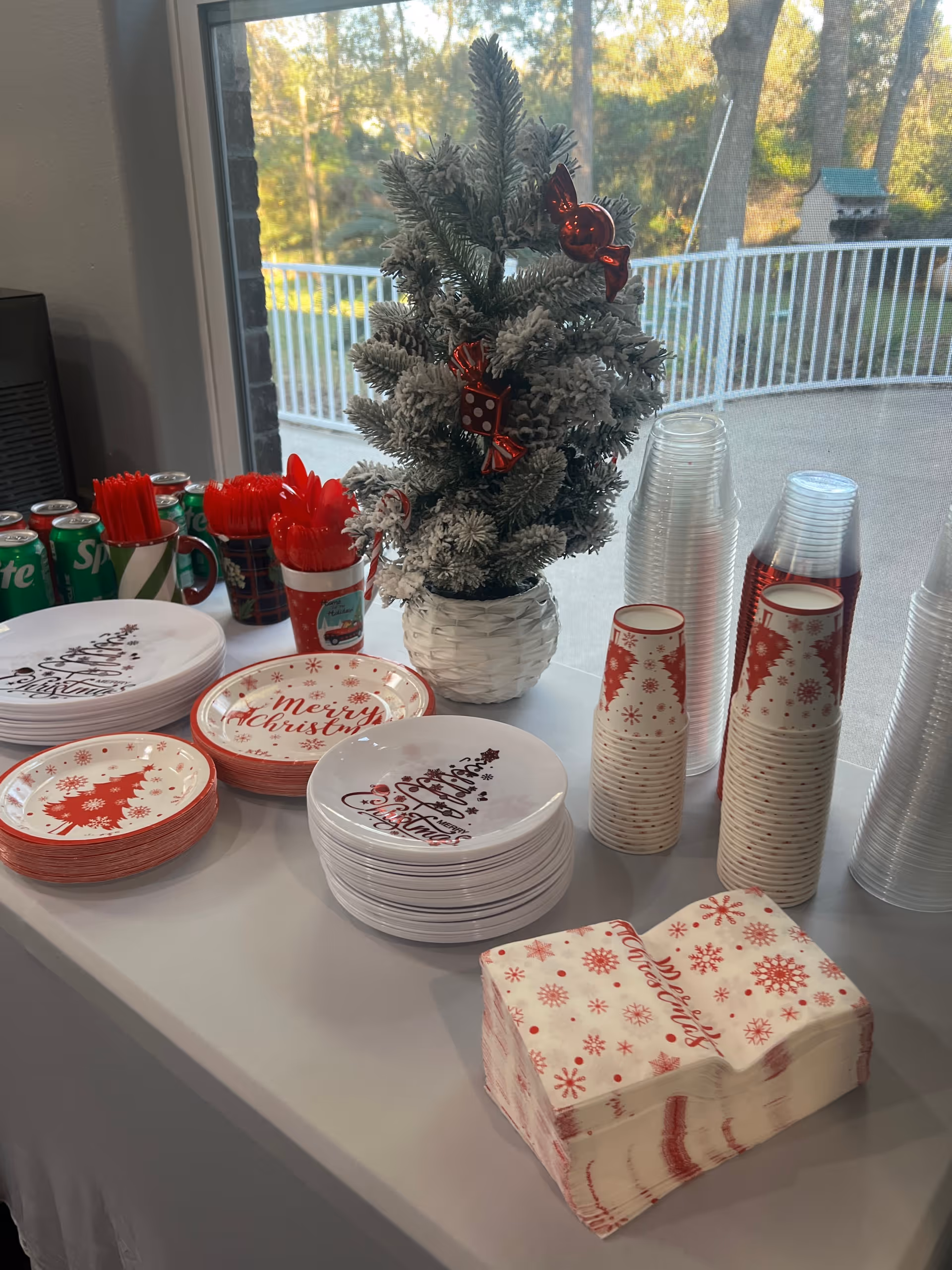 Table set with holiday-themed disposable plates, cups, napkins and a small frosted Christmas tree by a window.