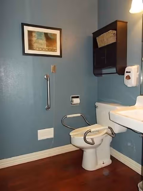 Accessible blue bathroom with grab bars, toilet, sink, wall cabinet, and framed art.