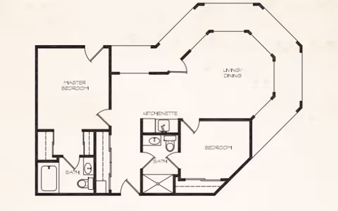 Architectural floor plan of a residential unit at Brook Ridge Retirement Community showing a master bedroom with attached bath, a second bedroom, a kitchenette, a second bath, and a combined living and dining area with multiple angled walls.