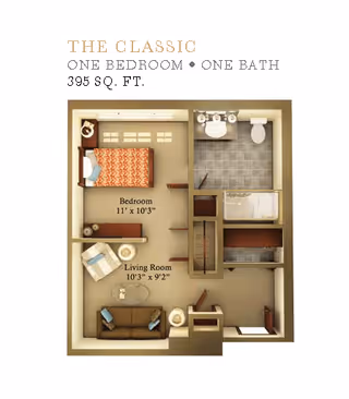 Floor plan of The Classic one-bedroom, one-bath apartment with 395 square feet. The layout includes a bedroom measuring 11 feet by 10 feet 3 inches, a living room measuring 10 feet 3 inches by 9 feet 2 inches, a bathroom with a toilet and sink, and a small kitchen area.