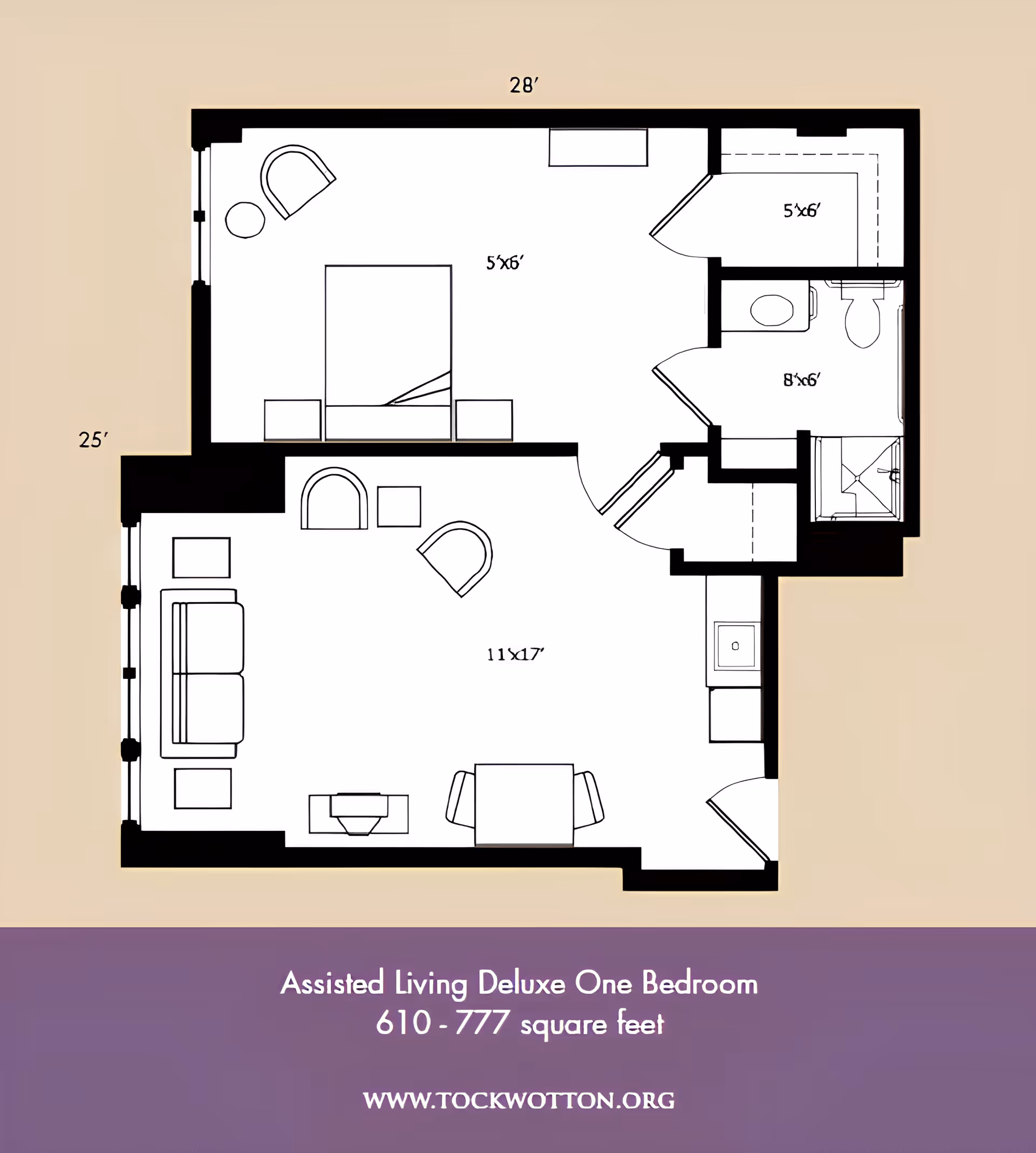 Floor plan diagram of an assisted living deluxe one‑bedroom apartment showing a living area, bedroom, bathroom, and kitchenette with room dimensions.