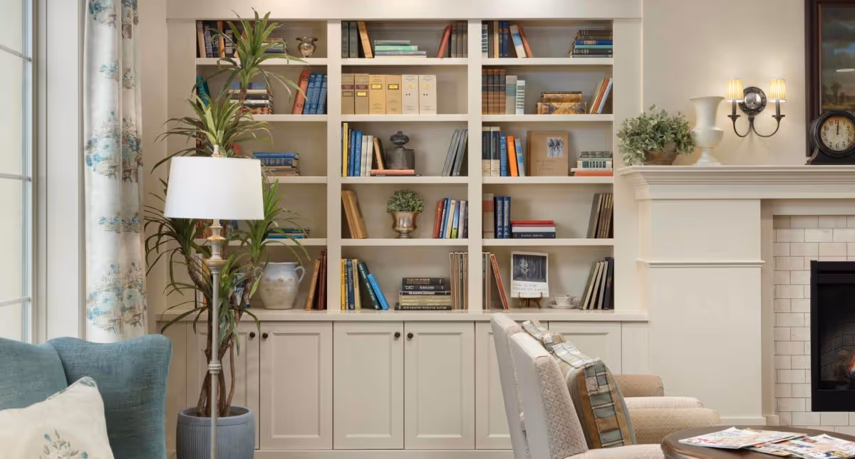 Cozy living room with built-in bookshelves, potted plants, armchairs, a lamp, and a fireplace.