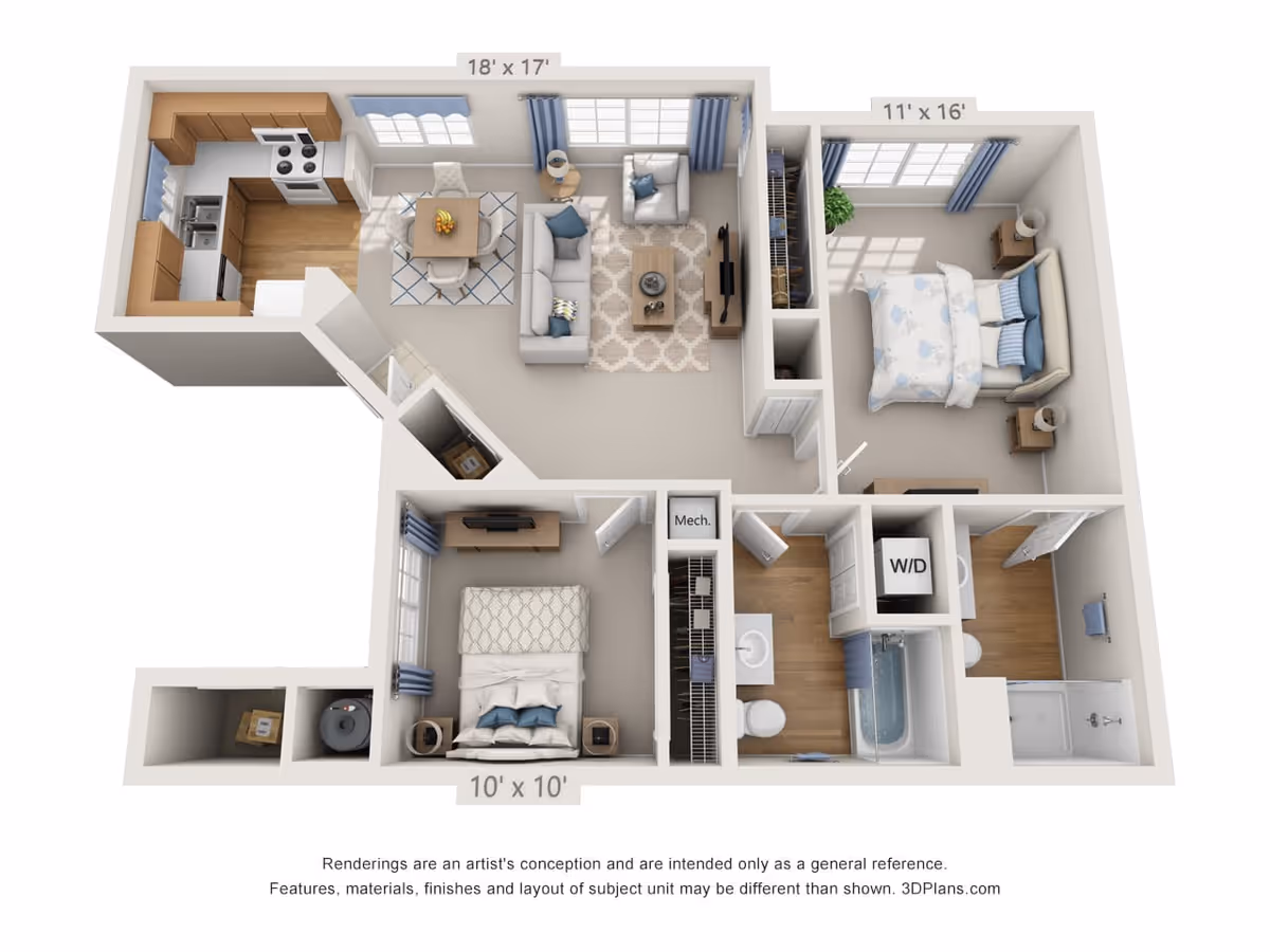 3D floor plan of a two-bedroom apartment featuring a kitchen with wooden cabinets and appliances, a dining area with a table and four chairs, a living room with a sofa, armchair, coffee table, and TV, two bedrooms with beds and nightstands, a bathroom with a bathtub, shower, toilet, and sink, a washer/dryer closet, and additional storage spaces.
